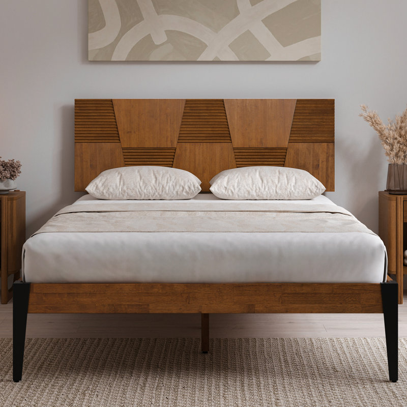 Nesto Modern Queen Bed Frame With Geometric Headboard & Black Matte Metal Legs, Premium Solid Wood Platform Bed Frame, Wood Slat Support, No Box Spring Needed