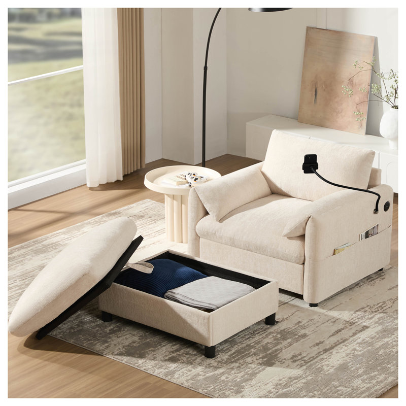 Fauteuil d'appoint 37 po en chenille beige moderne avec repose-pieds, support de téléphone réglable et ports de charge USB / Type-C - Canapé simple compact pour les petits espaces de salon