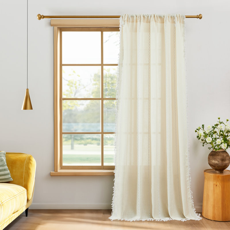 Semi Sheer Rod Pocket Curtain Panel with Tassel Fringe – Faux Linen Textured, Light Filtering, 1 Panel, Beige, 52" W x 108" L