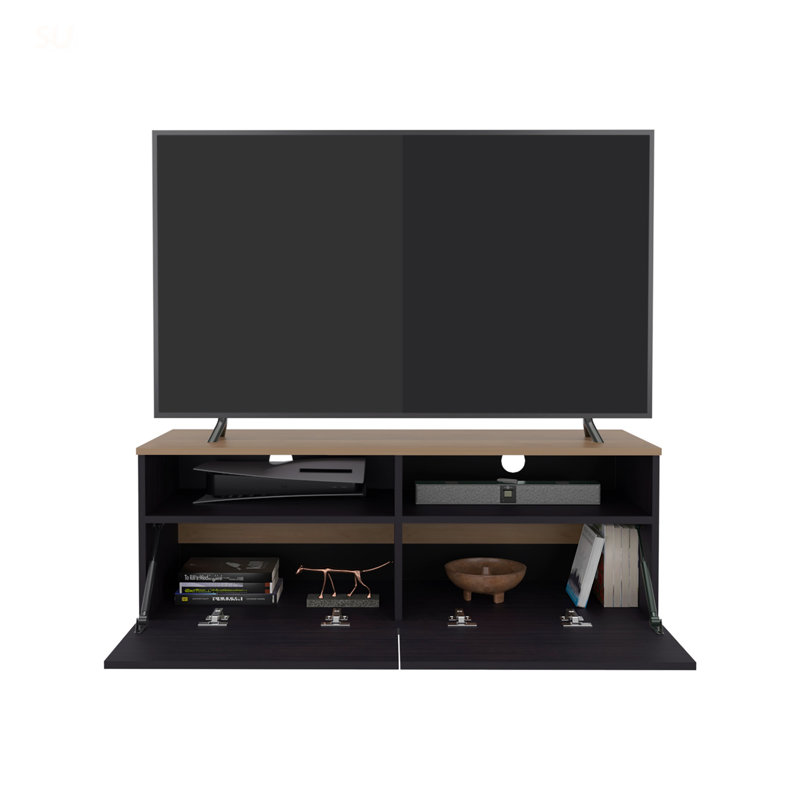 Colman Modern TV Stand With Open Shelves And Compact Profile, Minimalist Media Console For Living Room Or Bedroom, Black