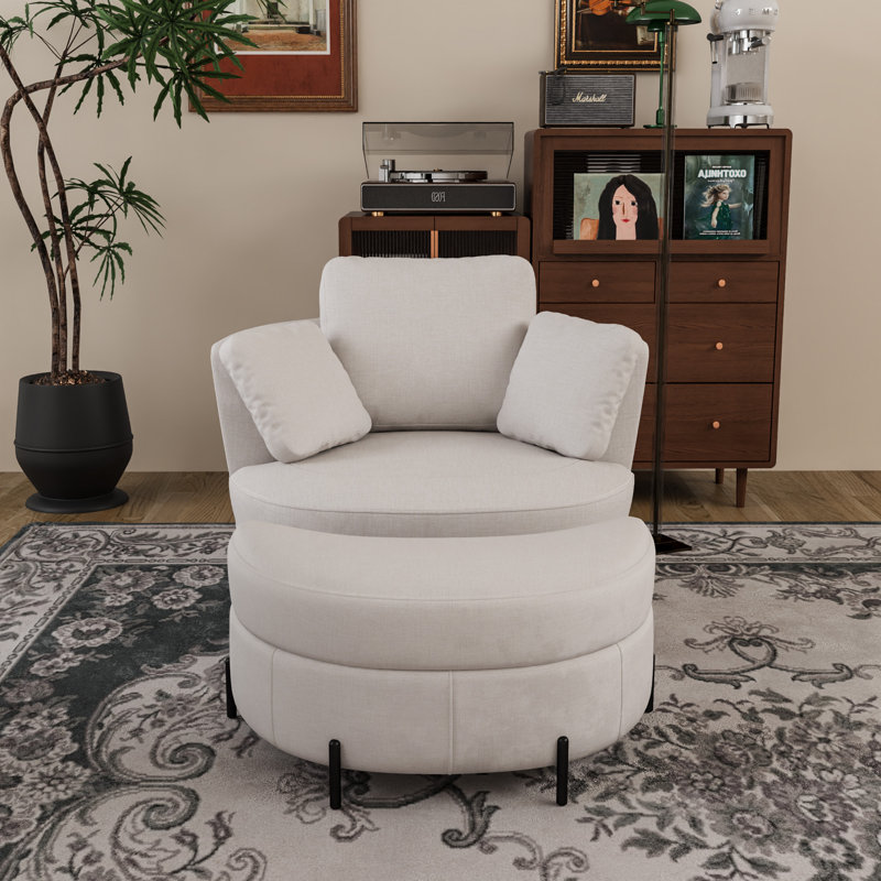 Modern Oversized Upholstered Swivel Barrel Chair With Storage Ottoman, Beige Chenille