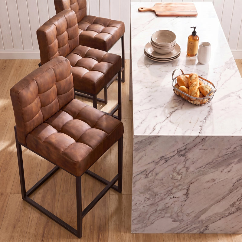 Modern Counter Height Bar Stools, 25 inch Checkered Wiring Thick Upholstered Barstools with Back Sturdy Metal Legs, Coffee Faux Leather Counter Stools for Kitchen Island (Set of 3)