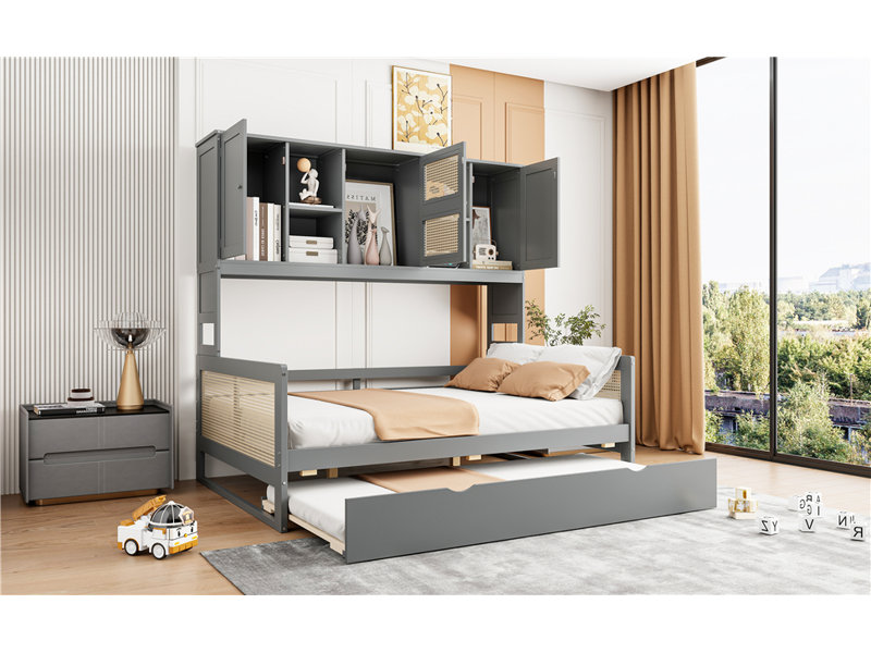 Lit de jour en bois pleine grandeur avec lit gigogne simple, armoire et tablette tout-en-un, gris, Lit double
