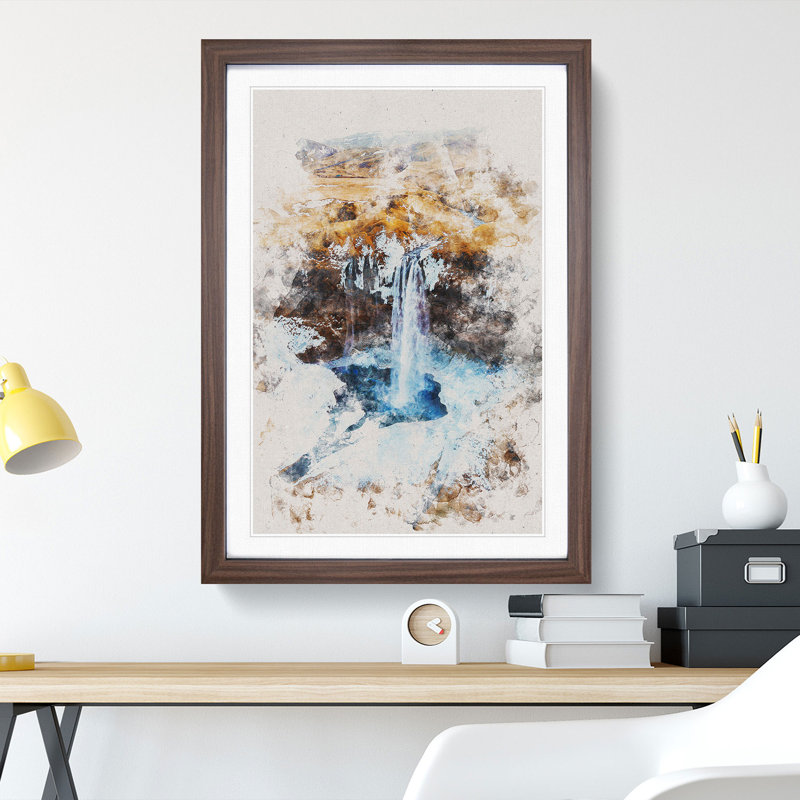 Seljalandsfoss Waterfall in Iceland Vol.2 Watercolour - Picture Frame Graphic Art, 36cm H x 27cm W x 2cm D, Walnut