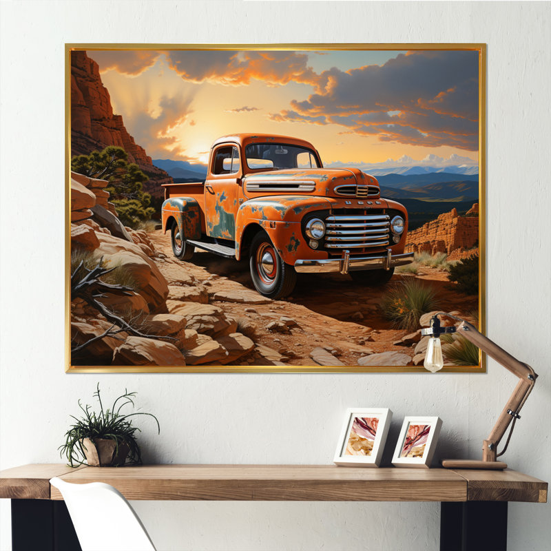 Orange Pickup Truck In Nevada Landscape - Transportation Canvas Prints, 34" H x 44" W, Black Picture Framed