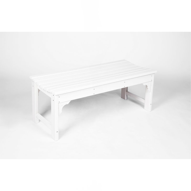 Backless HDPE Adirondack Bench With Wood Texture, Poly Lumber Seat For Patio, Backyard, Balcony, All Weather Resistant With UV Protection, White