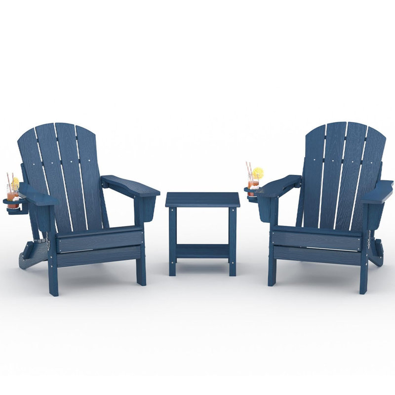 Folding Adirondack Chair Set of 2 with Side Table, HDPE Outdoor Patio Chair with Cup Holder, All-Weather Wooden Textured for Deck, Garden, Fire Pit