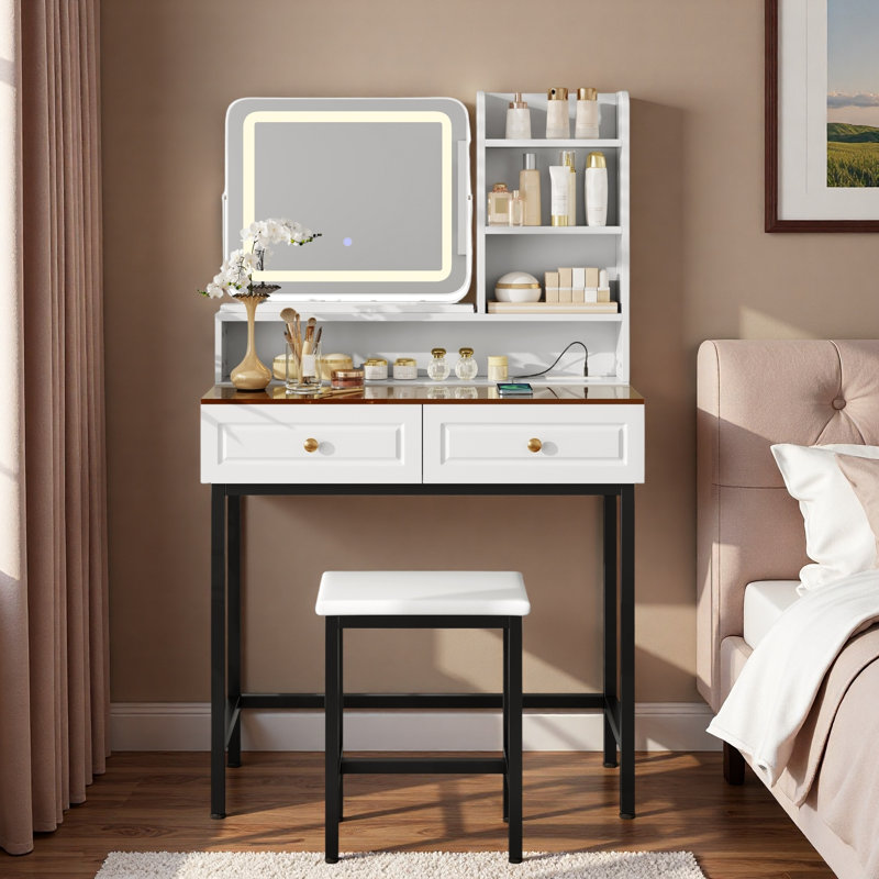 Makeup Vanity With Led Lighted Mirror, 360° Rotatable Mirror, 2 Drawers, Power Outlet, 3-tier Shelves, Amber Glass Table Top, Sturdy Metal Legs And Stool