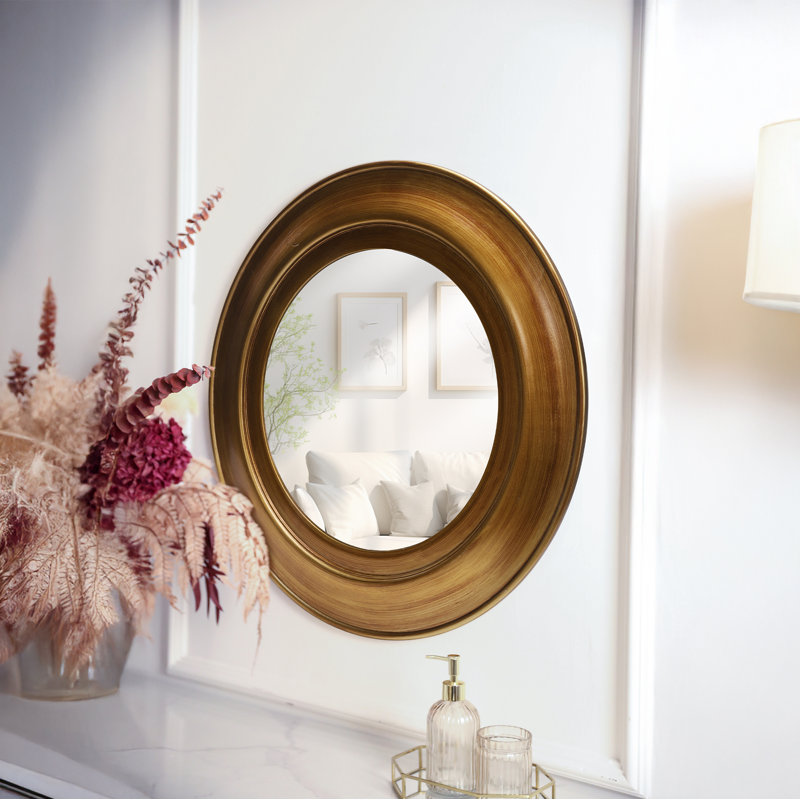 Wood Round Wall Mirror Decorative Mirror for Bathroom. Livingroom,, Gold, 31.5" x 31.5"