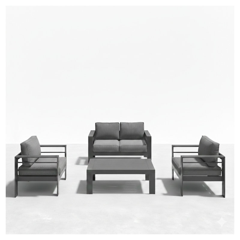 4-Piece Modern Aluminum Patio Conversation Set,  4-Seat Outdoor Sofa With  Thick Dark Gray Cushions & Gray Frame And Coffee Table