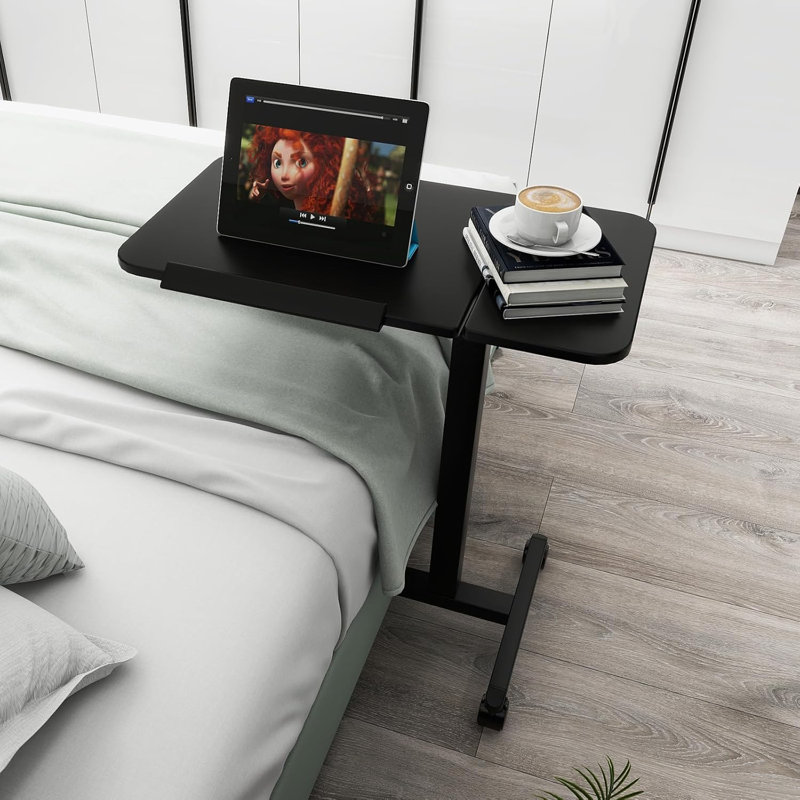 Adjustable Tilt Overbed Bedside Table With Wheels Mobile Laptop Standing Desk, Black