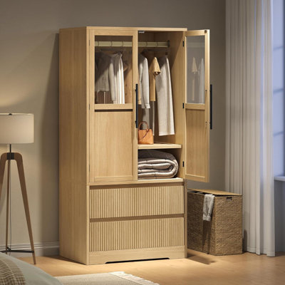 Armoire-penderie Armoire avec 2 portes en verre et tiroirs cannelés, armoire de rangement autoportante pour la chambre à coucher