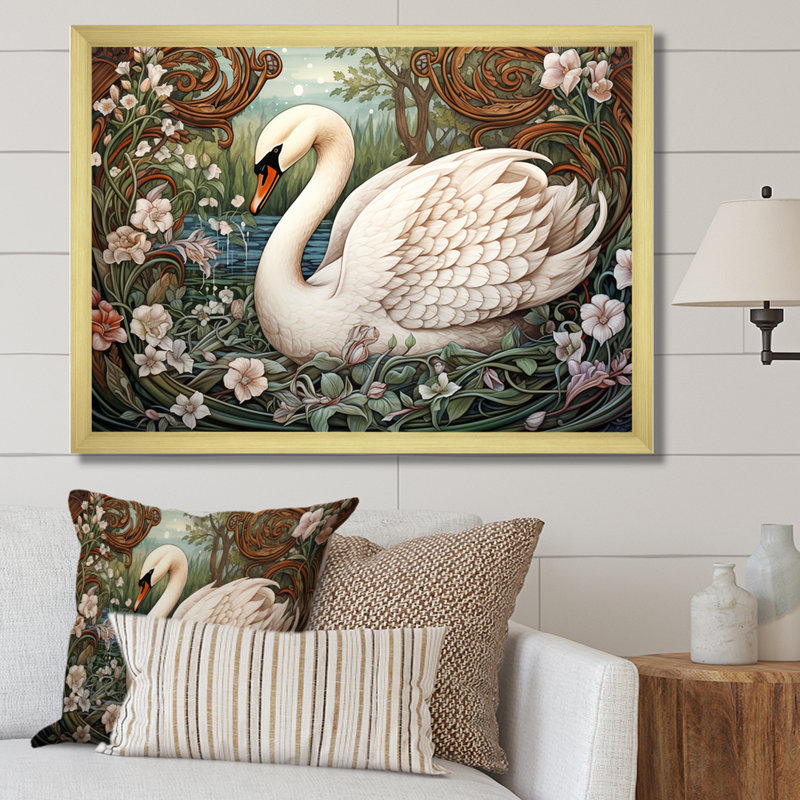 Cygnes majestueux, horizon sur toile, H 30 po x l 40 po x P 1,5 po, Encadrement doré