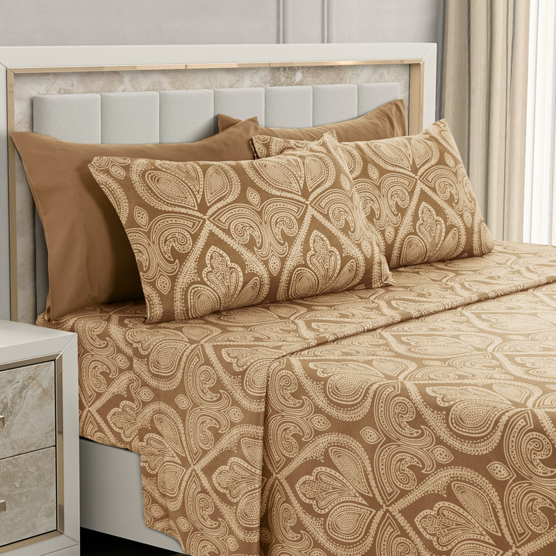 King Size Chocolate Paisley Cotton Microfiber Deep Pocket Sheet Set