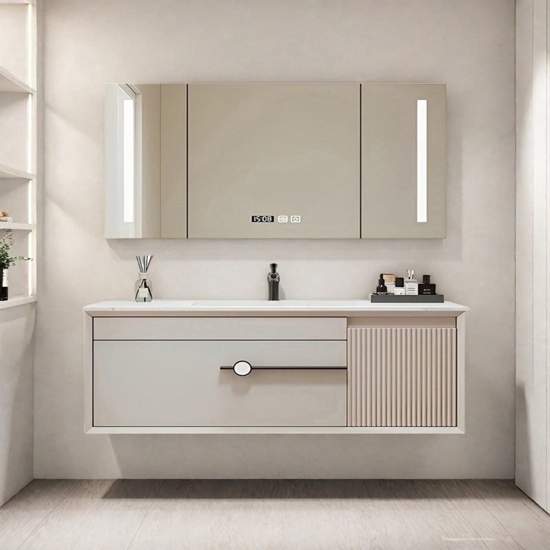 Light luxury style rock plate bathroom cabinet, Beige,  63" 