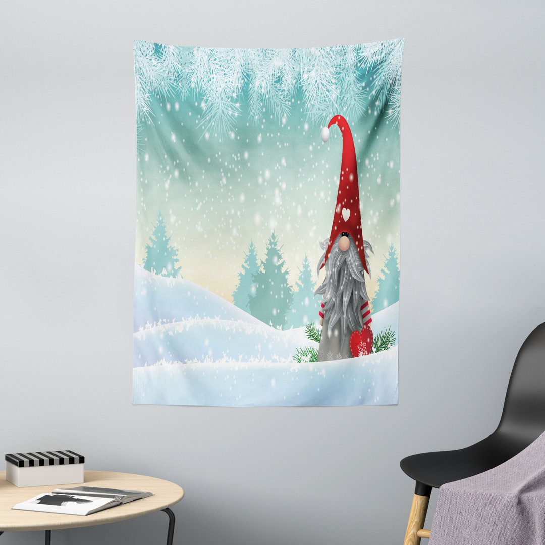 Wandteppich, Elfen-Tomte auf Schnee stehend, mintgrün blassblau