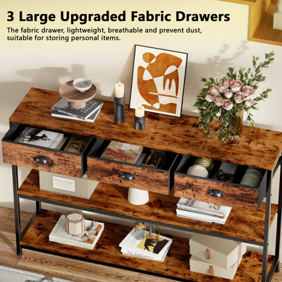 Console Table with 3 Fabric Drawers, Console Table Metal Frame Sofa Table with 2 Shelves for Living Room and Hallway