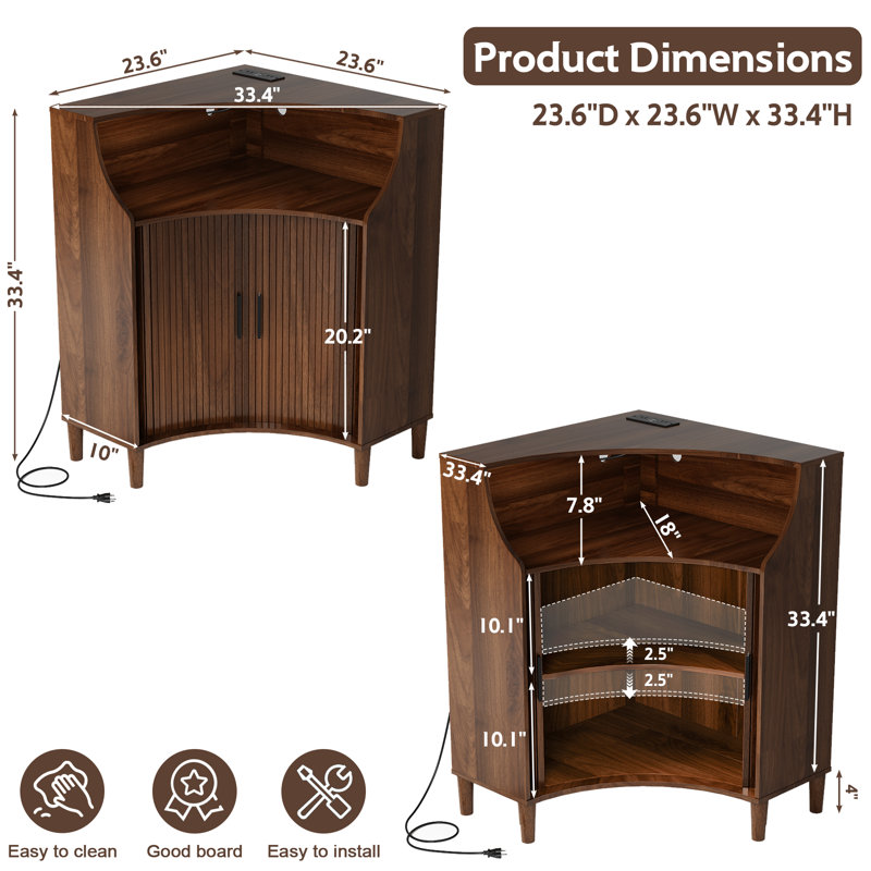 Armoire d'appoint cannelée de coin avec portes coulissantes et tablette de rangement