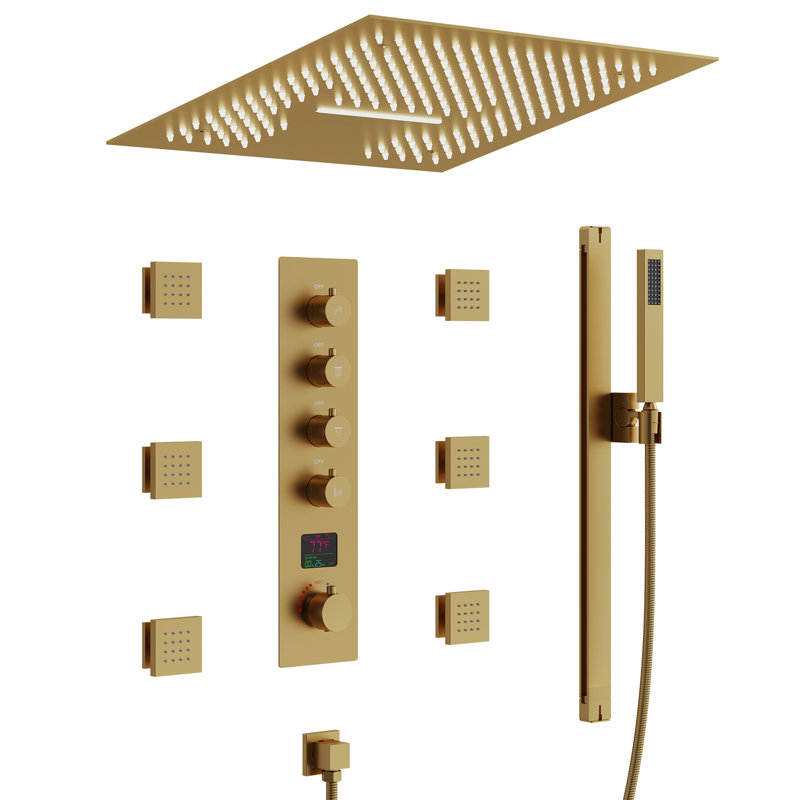  Thermostatic LED Mood Lighting Shower System, 16" Ceiling Mount Rainfall Shower Faucet with Brass Valve, Brushed Gold