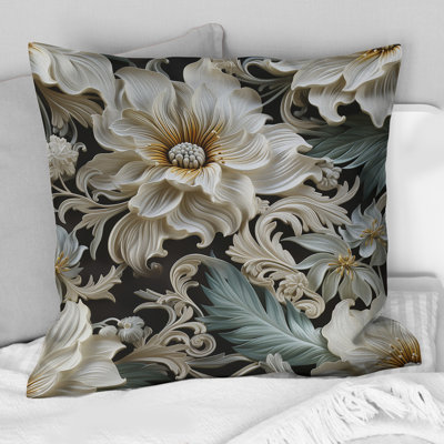 Coussin décoratif à motif floral exotique gris et blanc I