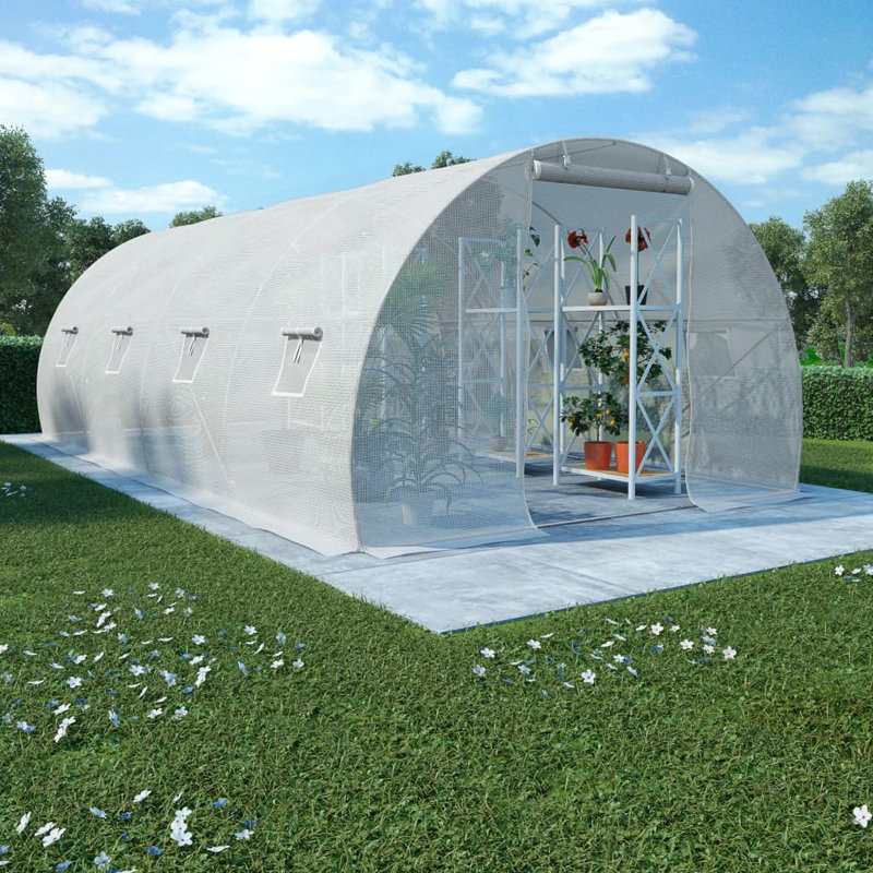 Greenhouse White PE Mesh Fabric with Galvanized Steel Frame 194 Square Feet Large Outdoor Greenhouse, White