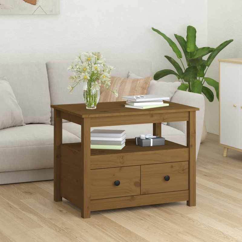 Kitrina Solid Wood Four Leg Coffee Table with Storage, Honey Brown