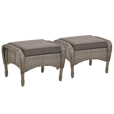 All-Weather Wicker Patio Ottoman Set of 2, Outdoor Rattan Footstool with Thick Padded Removable Cushion, 2-Piece Accent Foot Rest Seat for Porch, Balcony, Deck, Garden