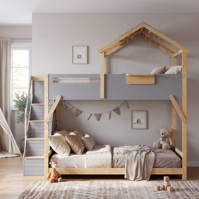 Lit superposé pour enfant avec escalier intégré, éclairage à DEL, design deux tons, contemporain, chambre d'enfant