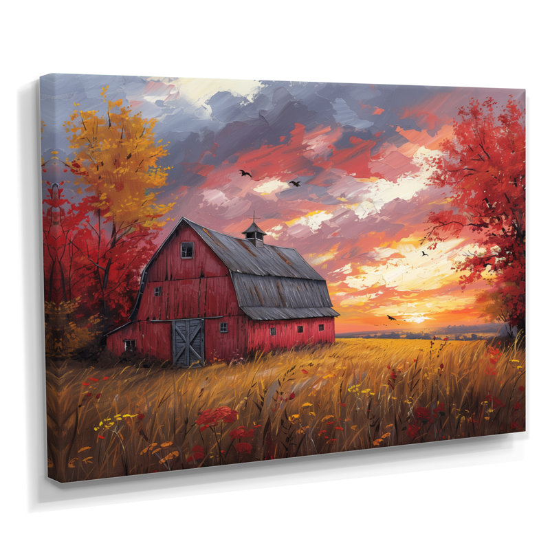 «Autumn Red Barn Breeze II» - reproduction d'art murale grange, H 34 po x l 44 po x P 1,5 po, Toile tendue