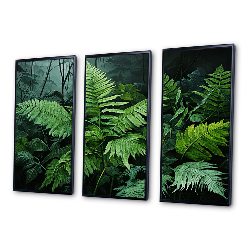 Ensemble de décorations murales Emerald Green Ferns Forest II - Plants, Cadre flottant noir, H 32 po x l 48 po x P 1 po