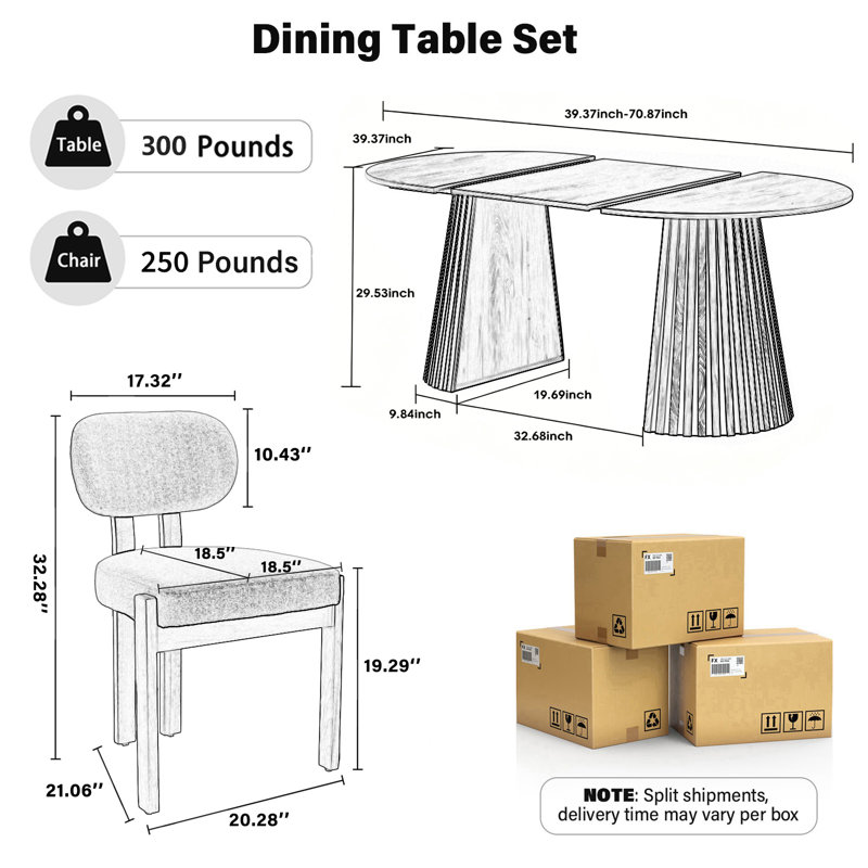 Ensemble de table de salle à manger ovale extensible, table de salle à manger en panneau de fibres à densité moyenne ronde à ovale de 39,37 po à 70,87 po, mobilier de salle à manger de luxe moderne et peu encombrant