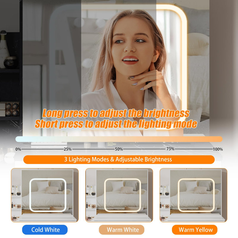 Vanity Desk With Sliding Mirror And Lights Makeup Vanity Set With Four Drawers Stool Power Outlet Open Shelves Three Color Adjustable Lighting Modes Dressing Table For Bedroom Use