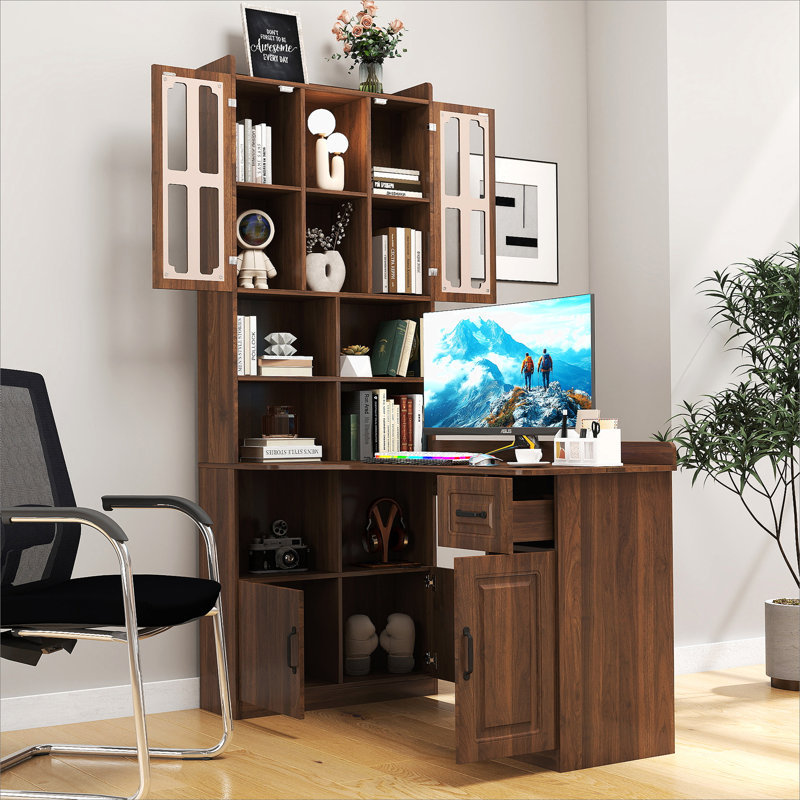 Bureau d'ordinateur d'angle en L pour bureau à domicile ou bureau d'étude, table d'étude de style moderne avec tiroirs, bibliothèque et huche, conception en L 2 en 1, grand espace de travail