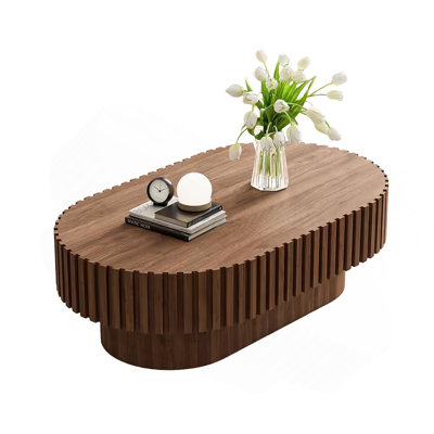 Oval Coffee Table, Mid Century Modern Fluted Coffee Table With Pedestal, Classic Wood Coffee Table For Living Room, Bedroom, Apartment, Office, Small Space, 43.1" Walnut