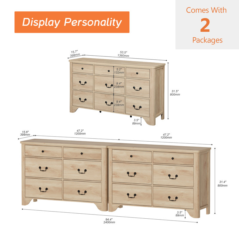  Haikey 94.4" W 12 Drawer Dresser,2 IN 1 Dresser With Ample Storage Modern Dresser Drawer, Oak