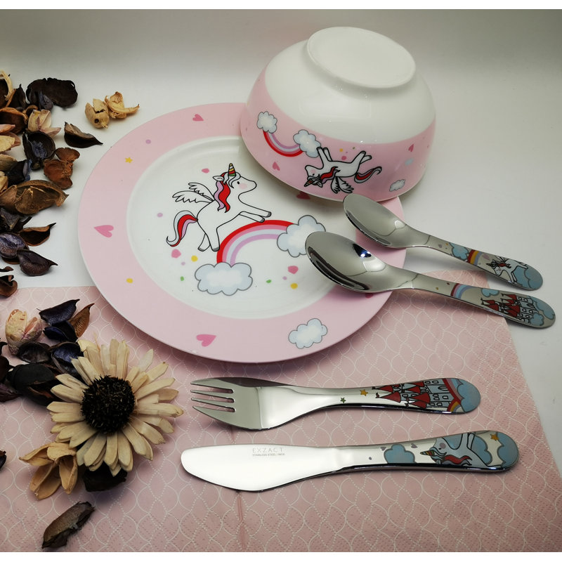 Childrens Cutlery 4Pcs Set Stainless Steel/Kids Cutlery/Toddler Utensils/Flatware - 1 X Fork, 1 X Safe Dinner Knife, 1 X Dinner Spoon, 1 X Dessert Spoon With Illustrations - Unicorn