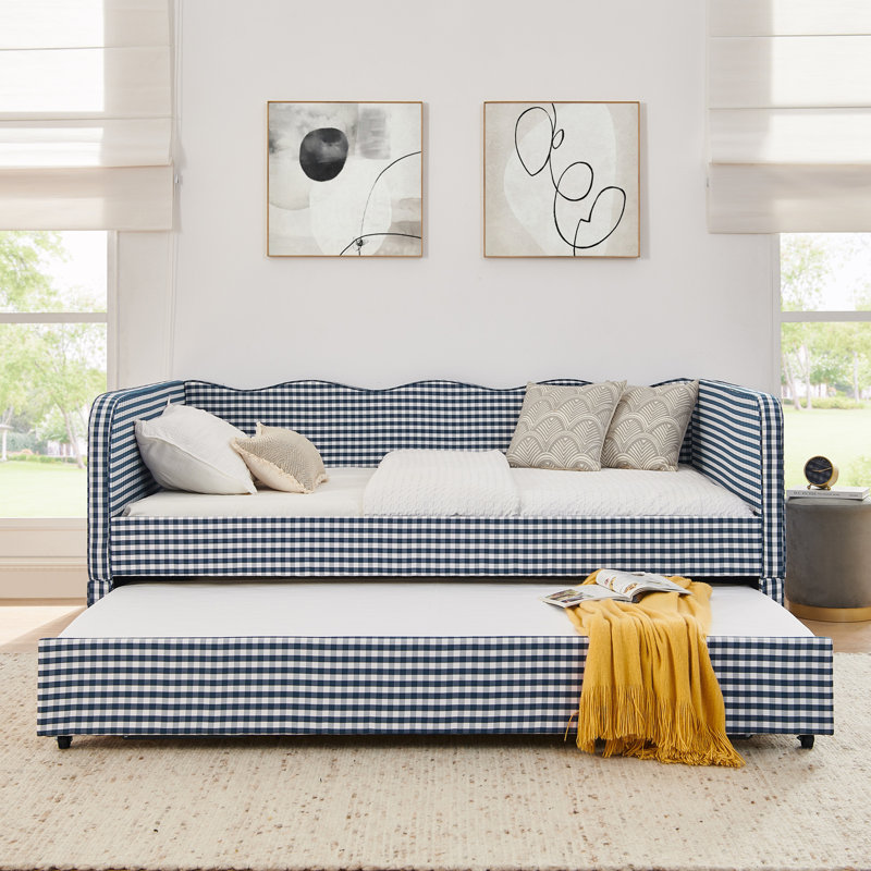 Full‑Size Upholstered Daybed With Pull‑Out Trundle & Side Pockets, Dark Blue, Full/Double