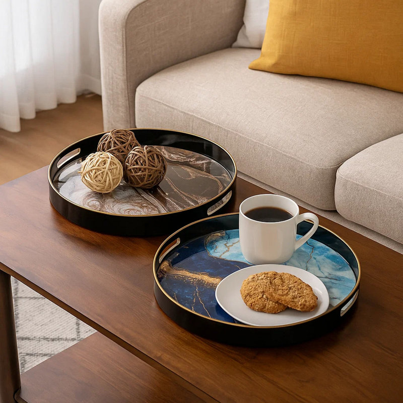 Ensemble de 2 plateaux décoratifs Maycie, jantes hautes, faux marbre, bleu, or