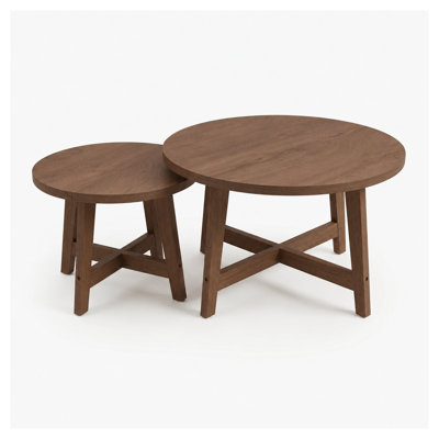 Set of 2 Round Nesting Coffee Tables with X-Frame Base, Walnut Finish MDF Side Tables for Living Room and Bedroom