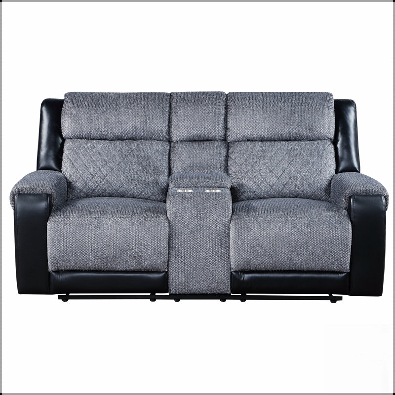 Console Recliner Loveseat - Fabric Seating With Faux Leather Accents, Center Console For Storage And Comfort, Transitional Design