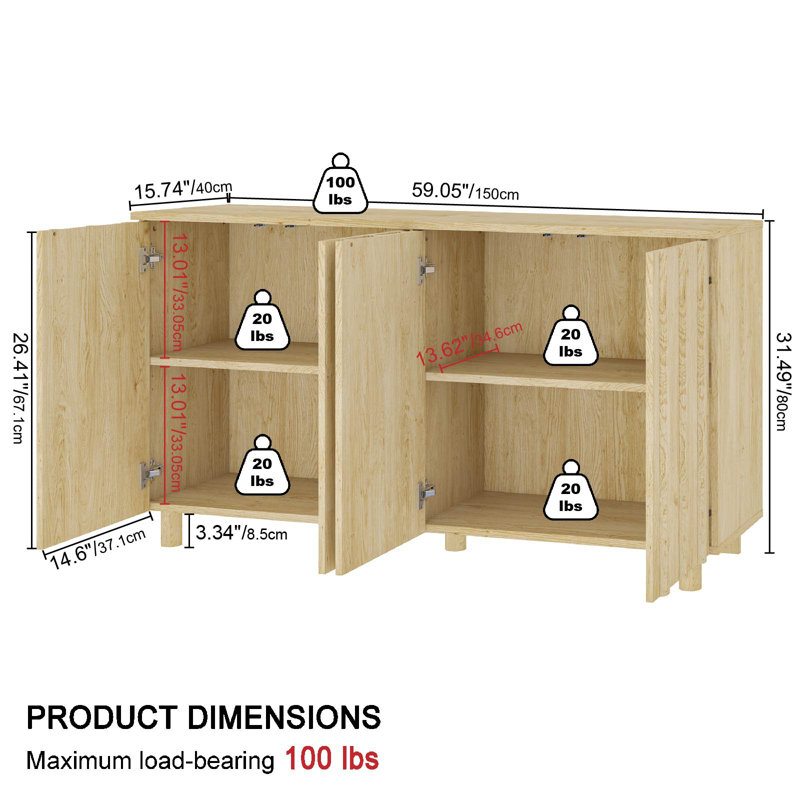 59" Fluted Sideboard With Storage, Large Buffet Cabinet With 4 Doors For Kitchen And Living Room, Natural
