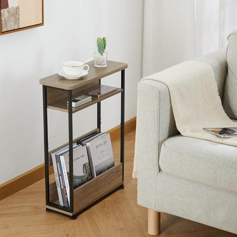 Side Table,3-Tier Slim End Table With Storage Shelf,Modern Sofa Table Thin Side Table For Narrow And Small Spaces, Skinny Bedside Table Small Nightstand With Magazine Rack Space Saving/Oak