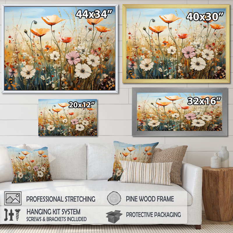 Fleurs sauvages, symphonie florale sur toile, H 12 po x l 20 po x P 1 po, Cadre simple noir