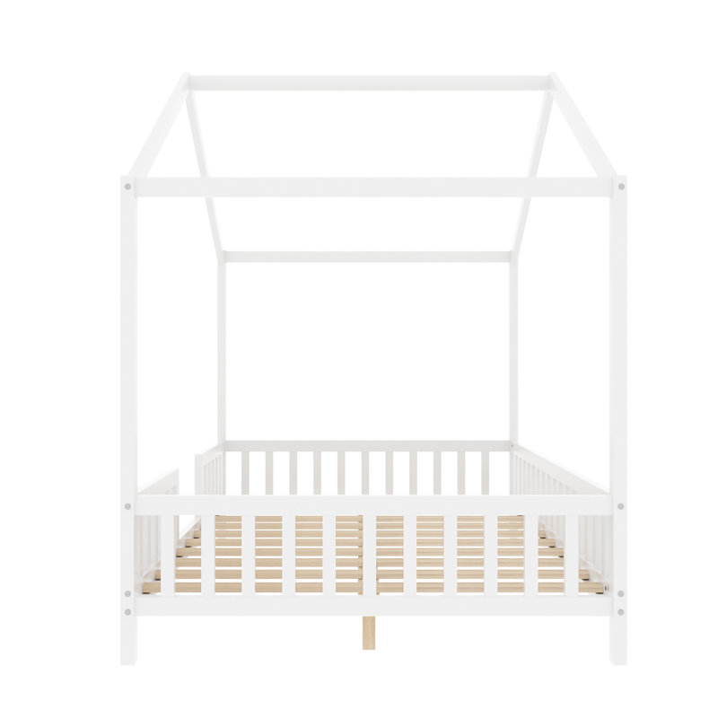 Low House Style Bed With Curtains, Full, White