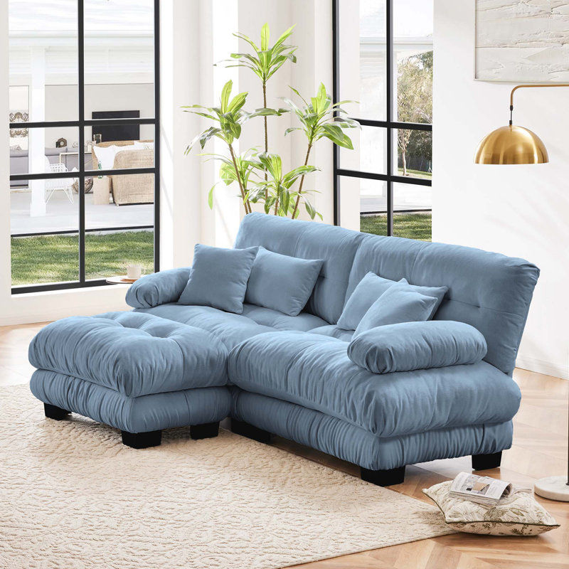 Chenille Cloud Couch 2 Seater Sofa with Ottoman, White, 35.4" H x 94.4" W x 36" D