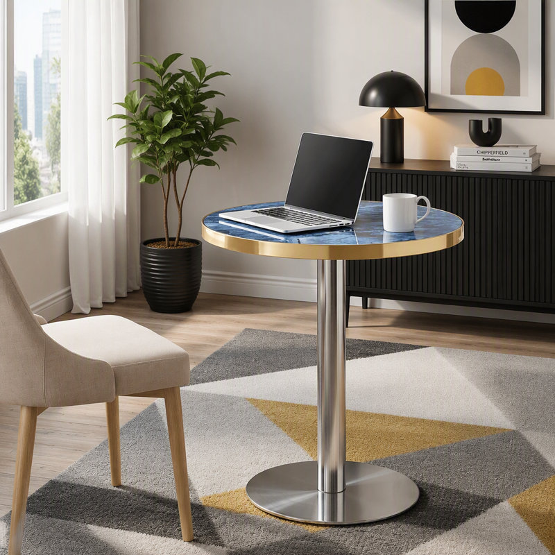 Table d'appoint ronde de 23,6 pouces, panneau de fibres à densité moyenne, texture de marbre peinte UV avec bordure en acier inoxydable, pieds en métal, table basse de luxe moderne