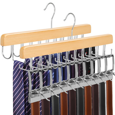 Ensemble de 2 crochets à cravates 2 en 1 pour garde-robe Max 60 ceintures avec une capacité de 60 attaches, 20 crochets à cintres en bois pour organisateur de garde-robe Ceinture en forme de «U» et cravate «一»