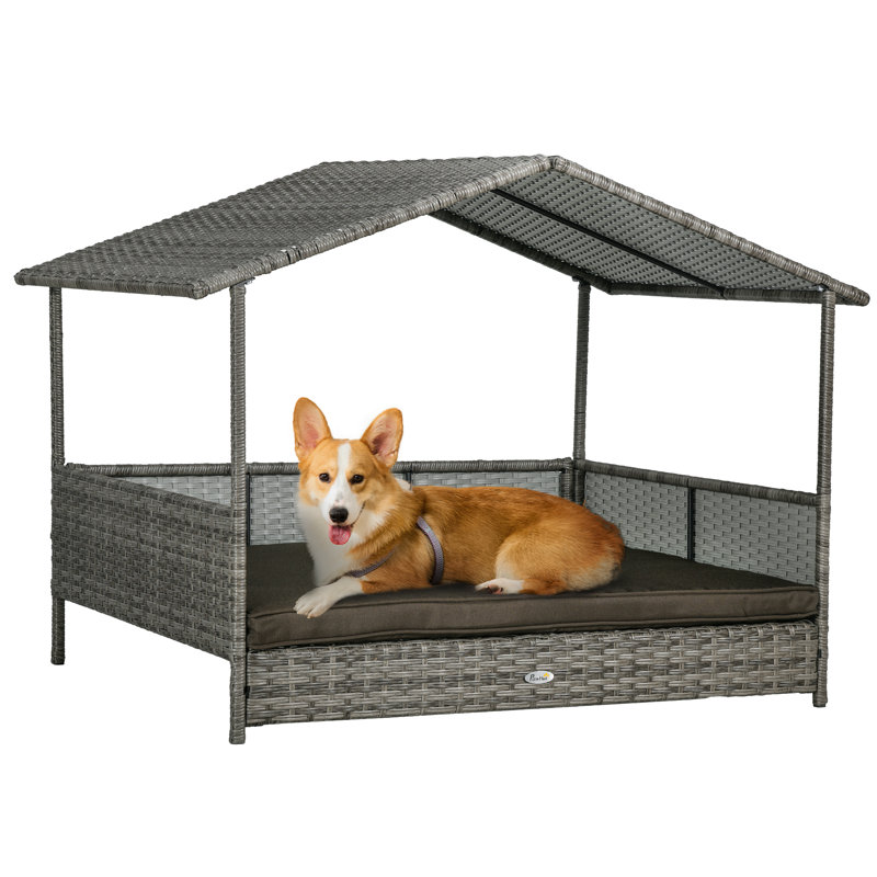 Charcoal Gray Elevated Wicker Outdoor Dog Bed with Canopy