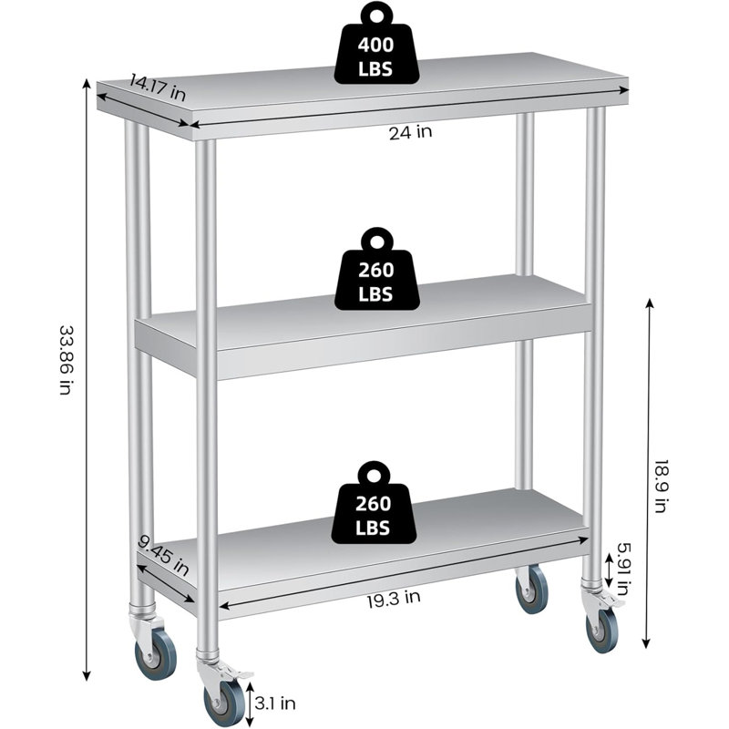 Table de travail à 3 niveaux en acier inoxydable, poste de travail utilitaire de cuisine commerciale avec tablettes de rangement ouvertes, table de préparation des aliments et table utilitaire