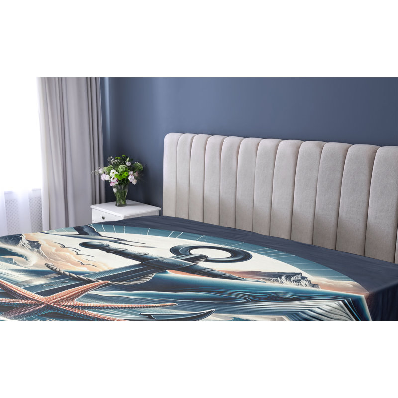 Drap-housse nautique Ambesonne_ Ancre marine et mouette_ Indigo et saumon foncé, Simple